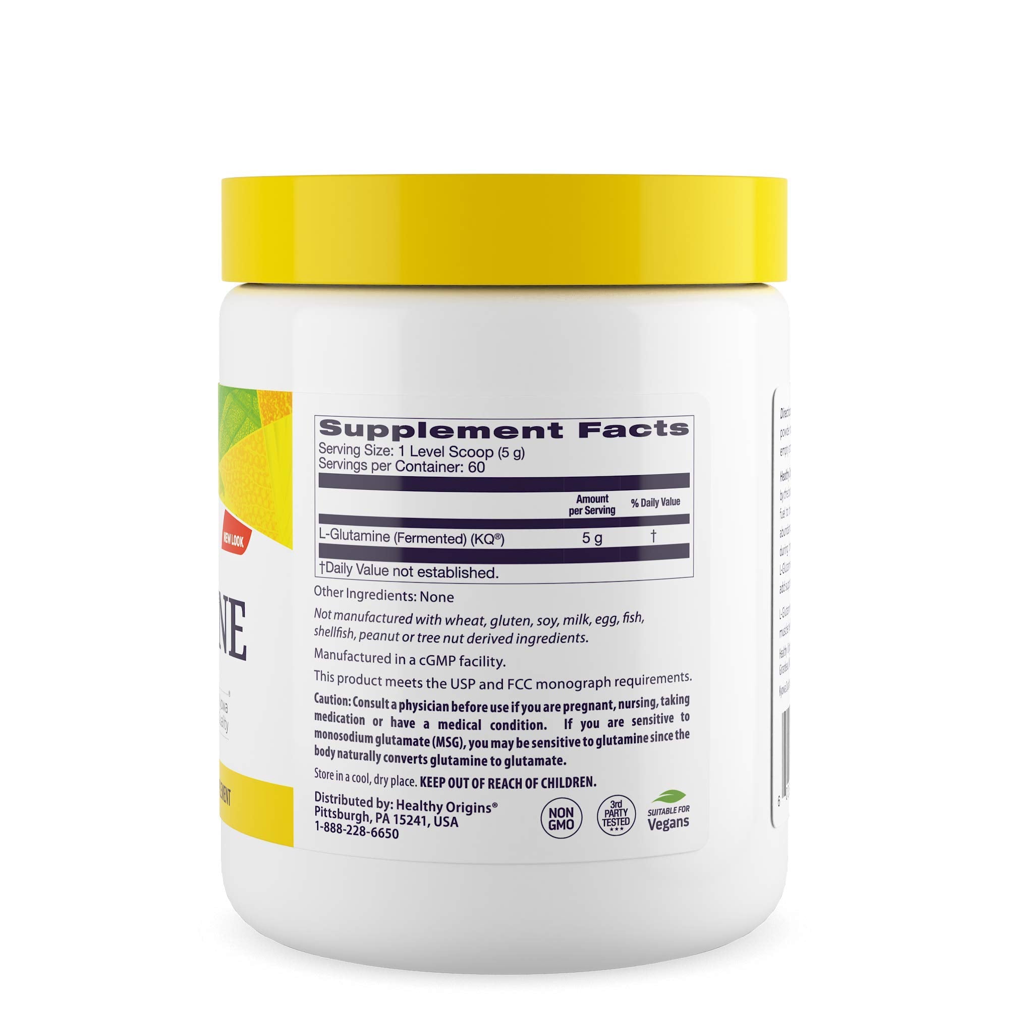 Polvo de L-Glutamina Healthy Origins, textura suave, listo para mezclar en bebidas.