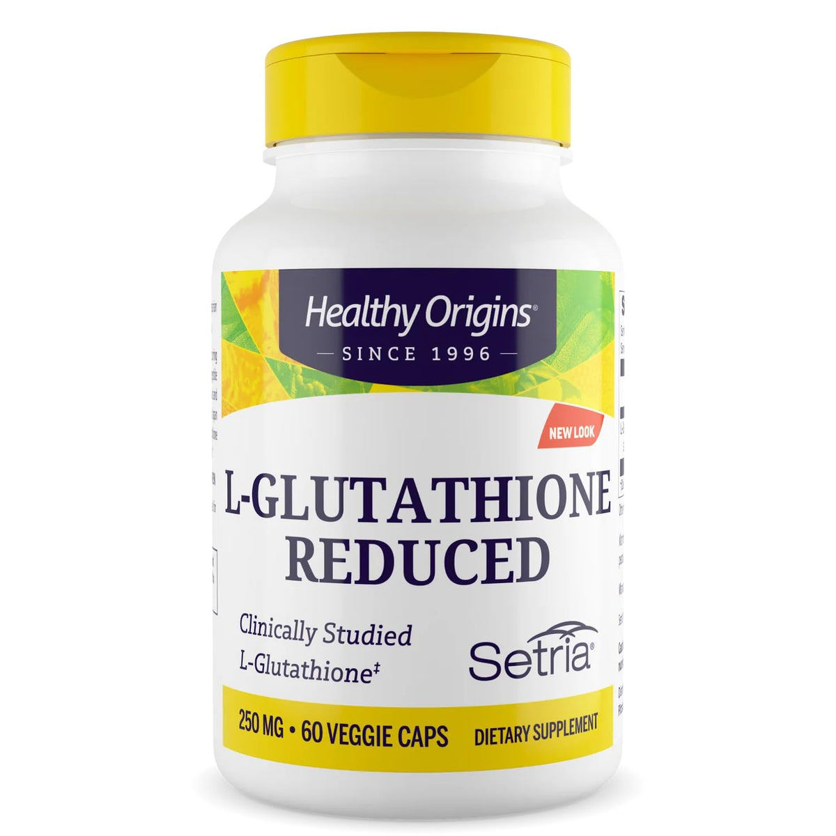 Healthy Origins L-Glutathione 250 mg, botella, soporte antioxidante diario.