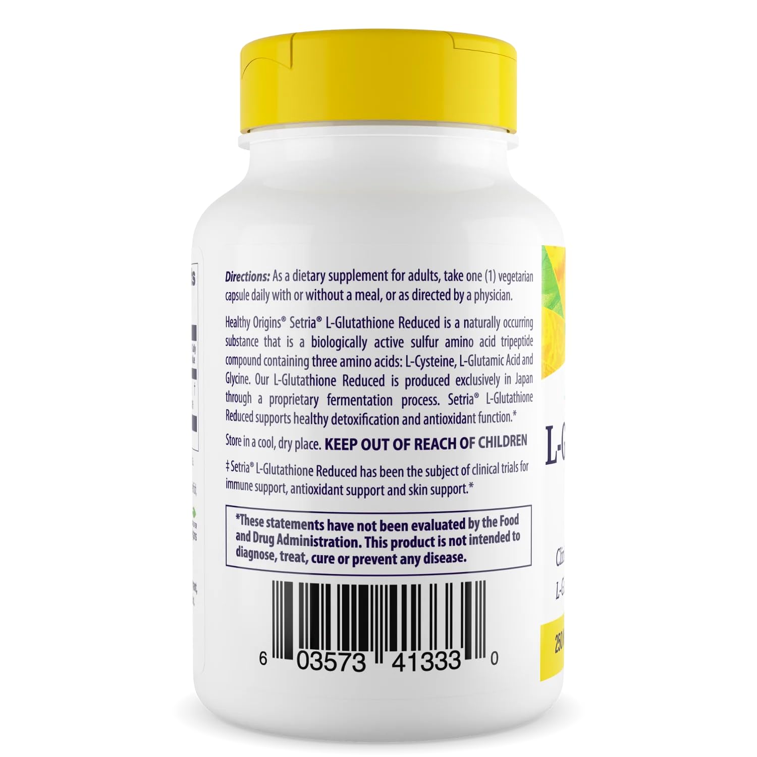 Healthy Origins L-Glutathione 250 mg, etiqueta frontal, destaca Setria.