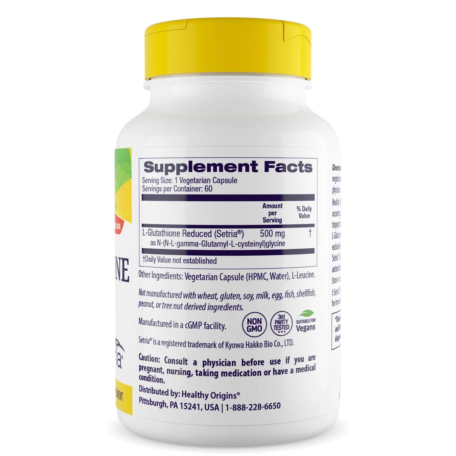Healthy Origins L-Glutatión 500 mg cápsulas vegetales para uso diario.