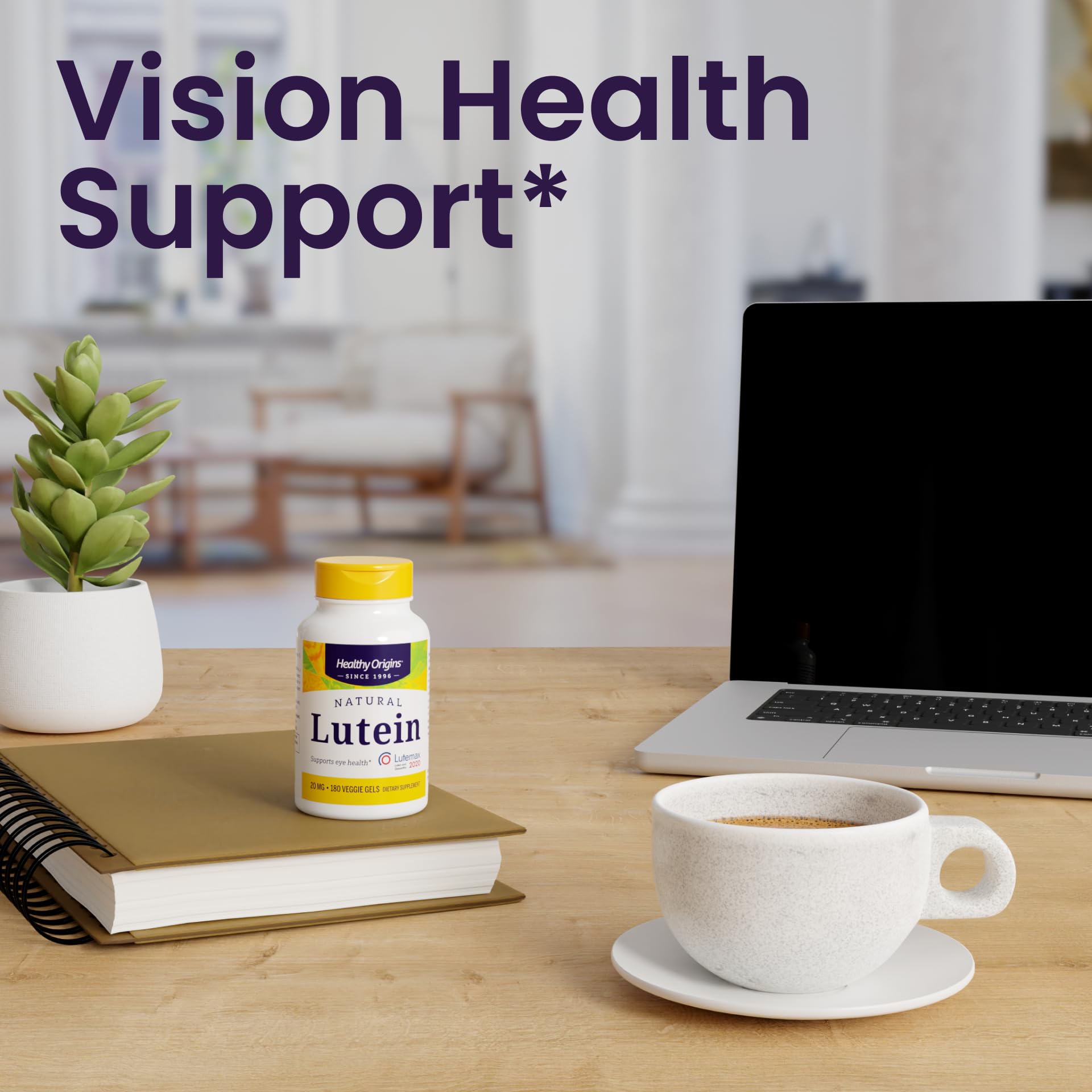 Healthy Origins Luteína 20 mg, etiqueta visible, fórmula equilibrada para apoyo visual.
