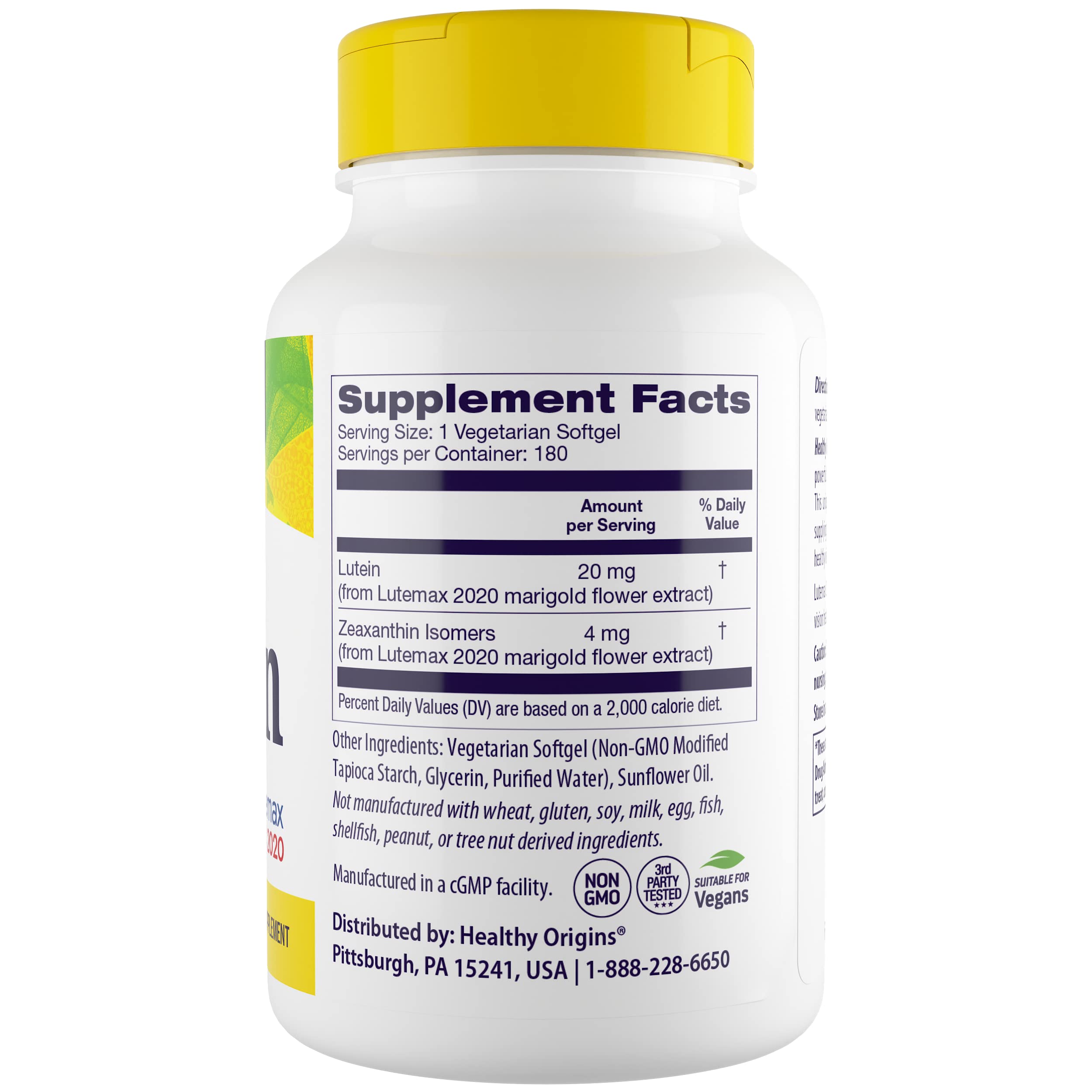 Healthy Origins Luteína 20 mg, formato vegano, antioxidante para ojos sanos.