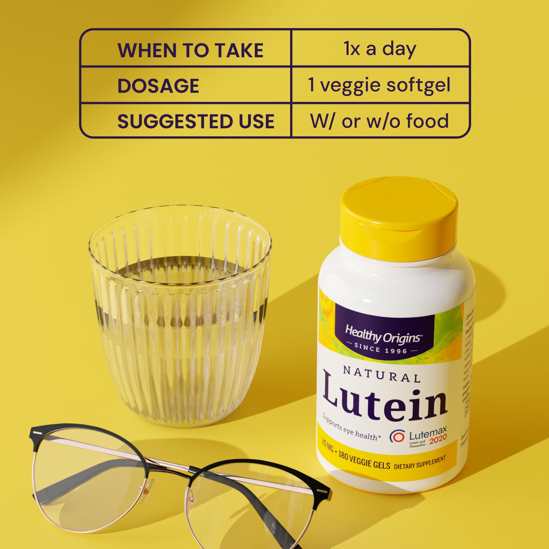 Healthy Origins Luteína 20 mg, frasco de vidrio, dosificación diaria sencilla.