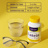 Healthy Origins Luteína 20 mg, frasco de vidrio, dosificación diaria sencilla.