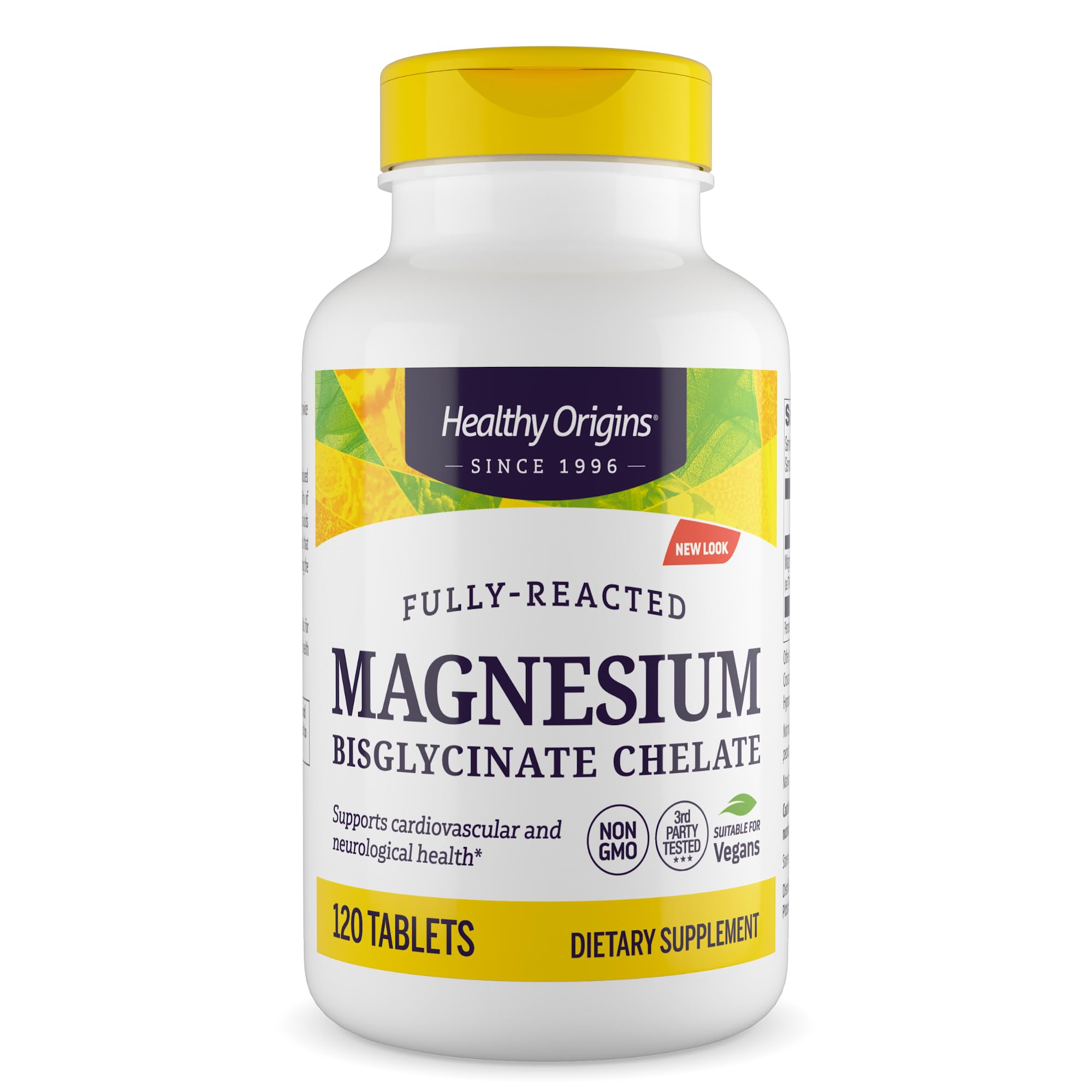 Healthy Origins Magnesio Bisglicinato, tabletas en primer plano, alta absorción para uso diario.