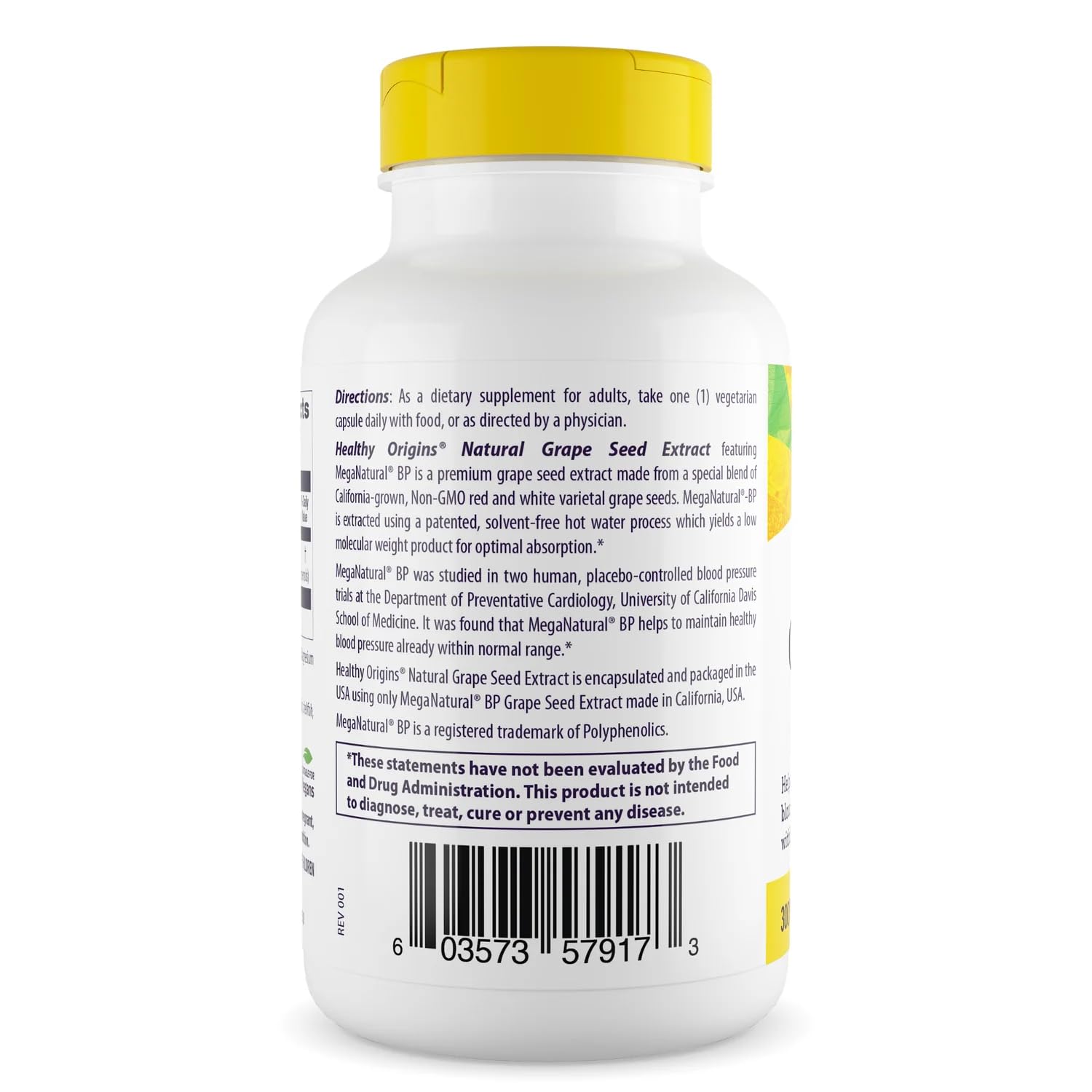 Healthy Origins MegaNatural-BP, alto en proantocianidinas, envase de cápsulas vegetales para bienestar vascular.