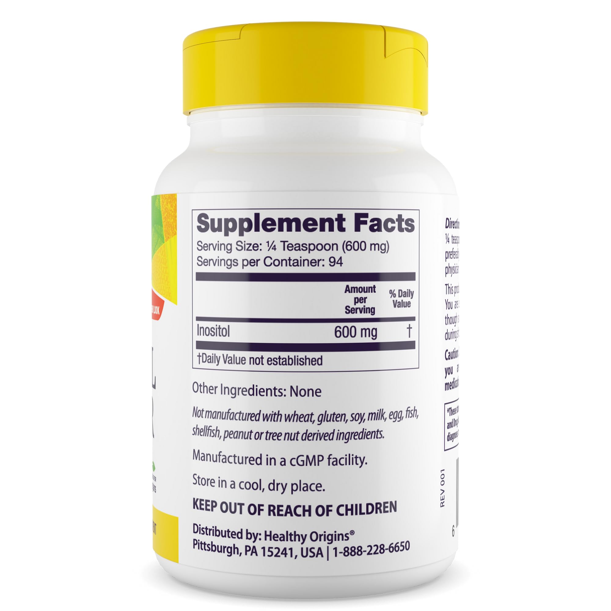 Healthy Origins Inositol etiqueta: fácil identificación para veganos.