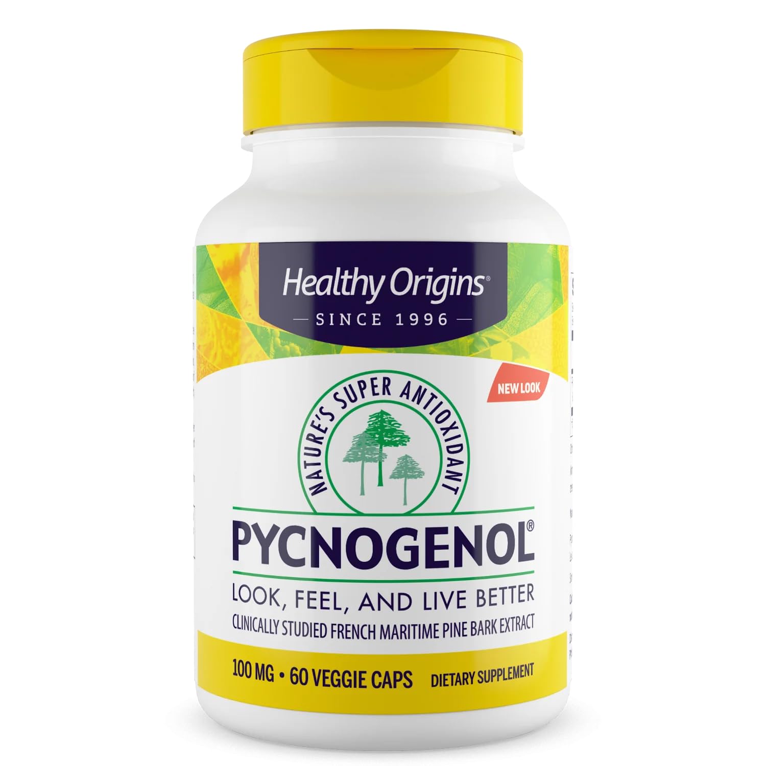 Healthy Origins Pycnogenol 100 mg, botella visible, posible apoyo al bienestar diario