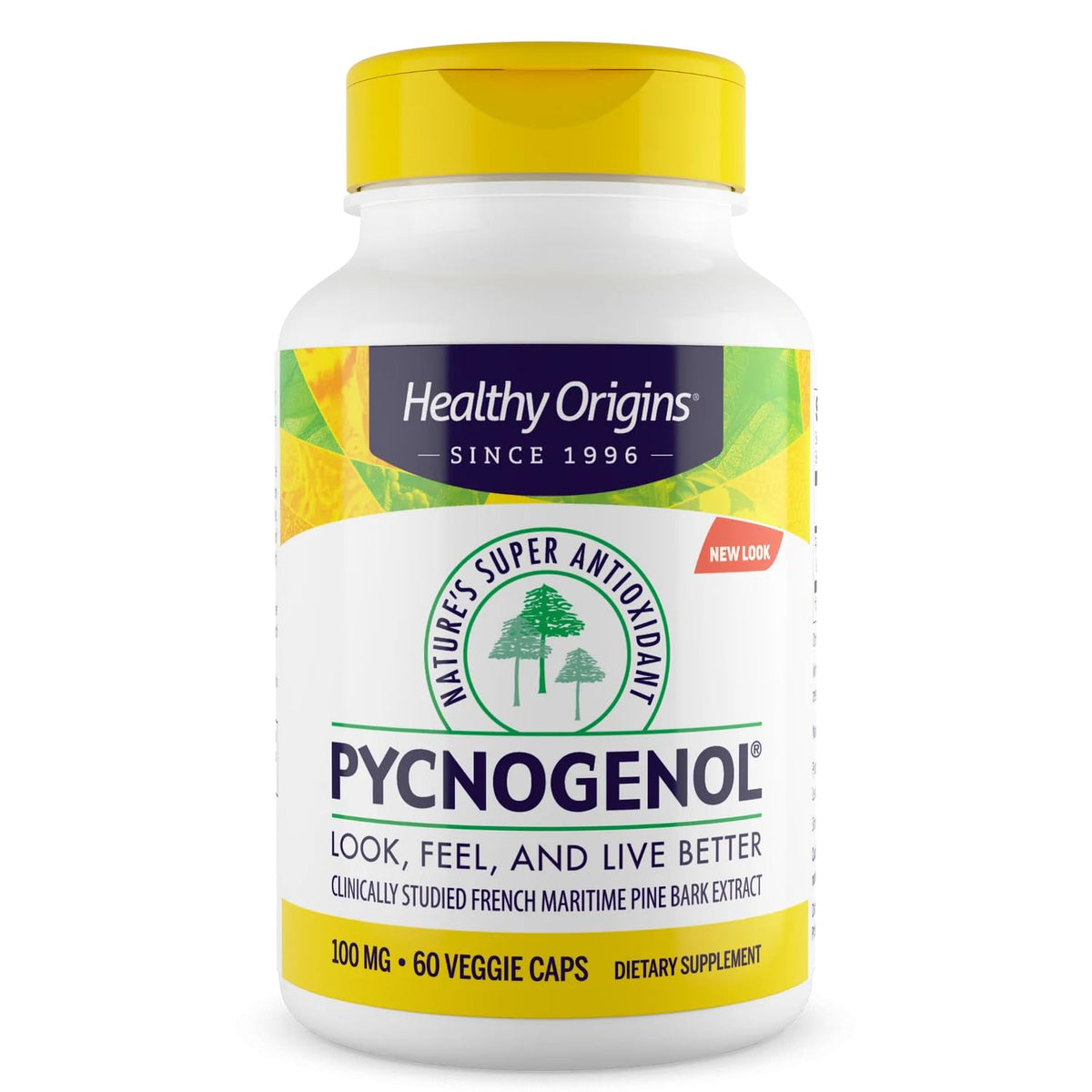 Healthy Origins Pycnogenol 100 mg, botella visible, posible apoyo al bienestar diario