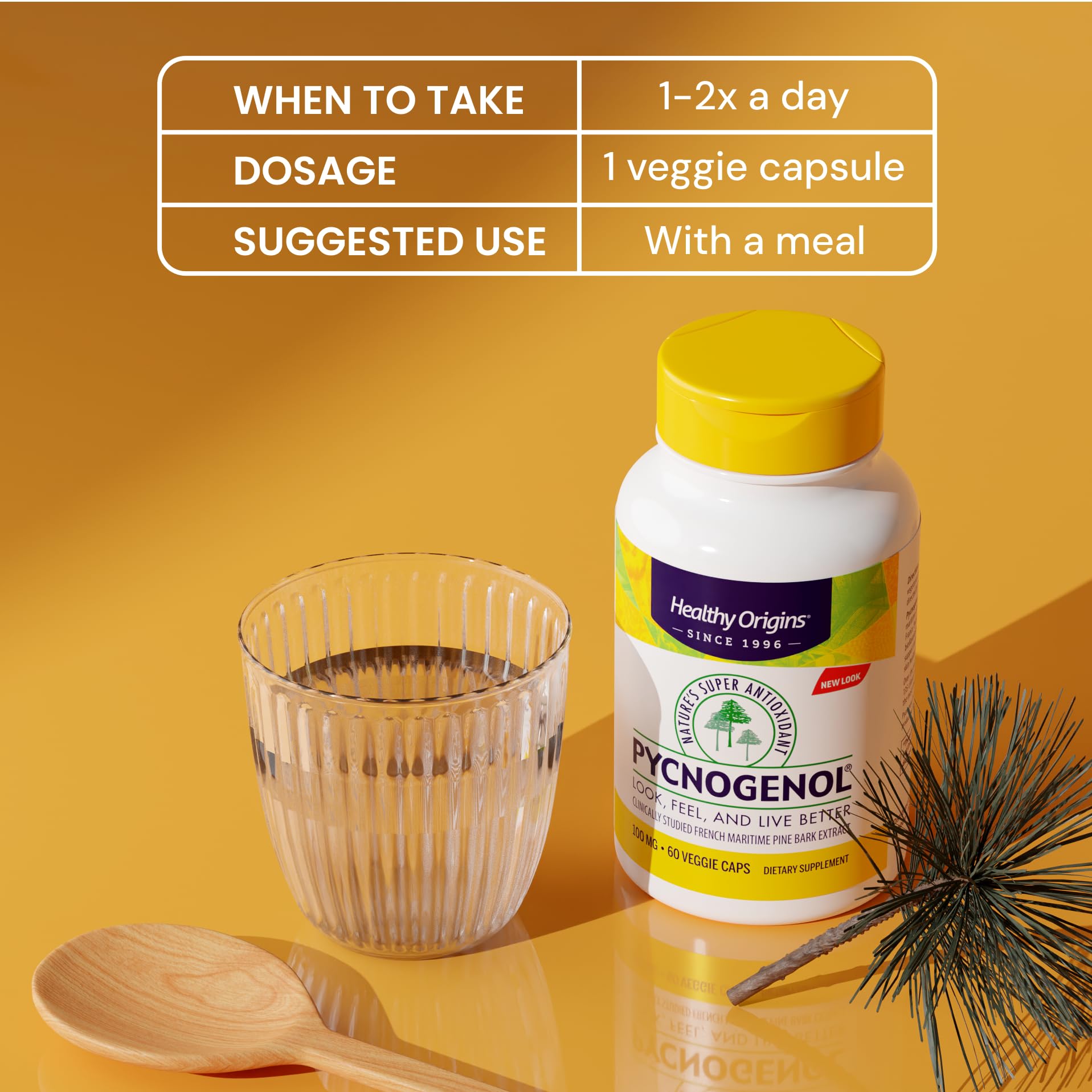 Healthy Origins Pycnogenol 100 mg, caja del producto con diseño claro