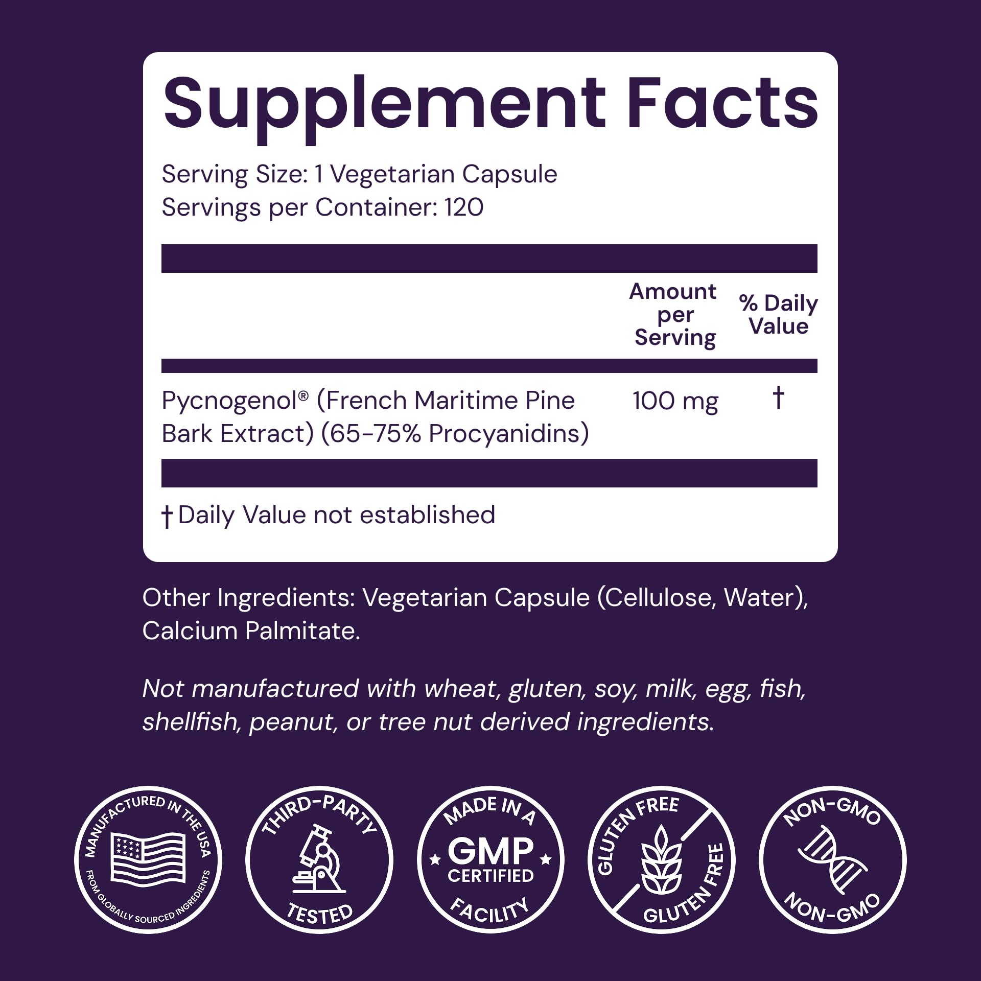 Healthy Origins Pycnogenol 100 mg, etiqueta frontal que destaca la pureza