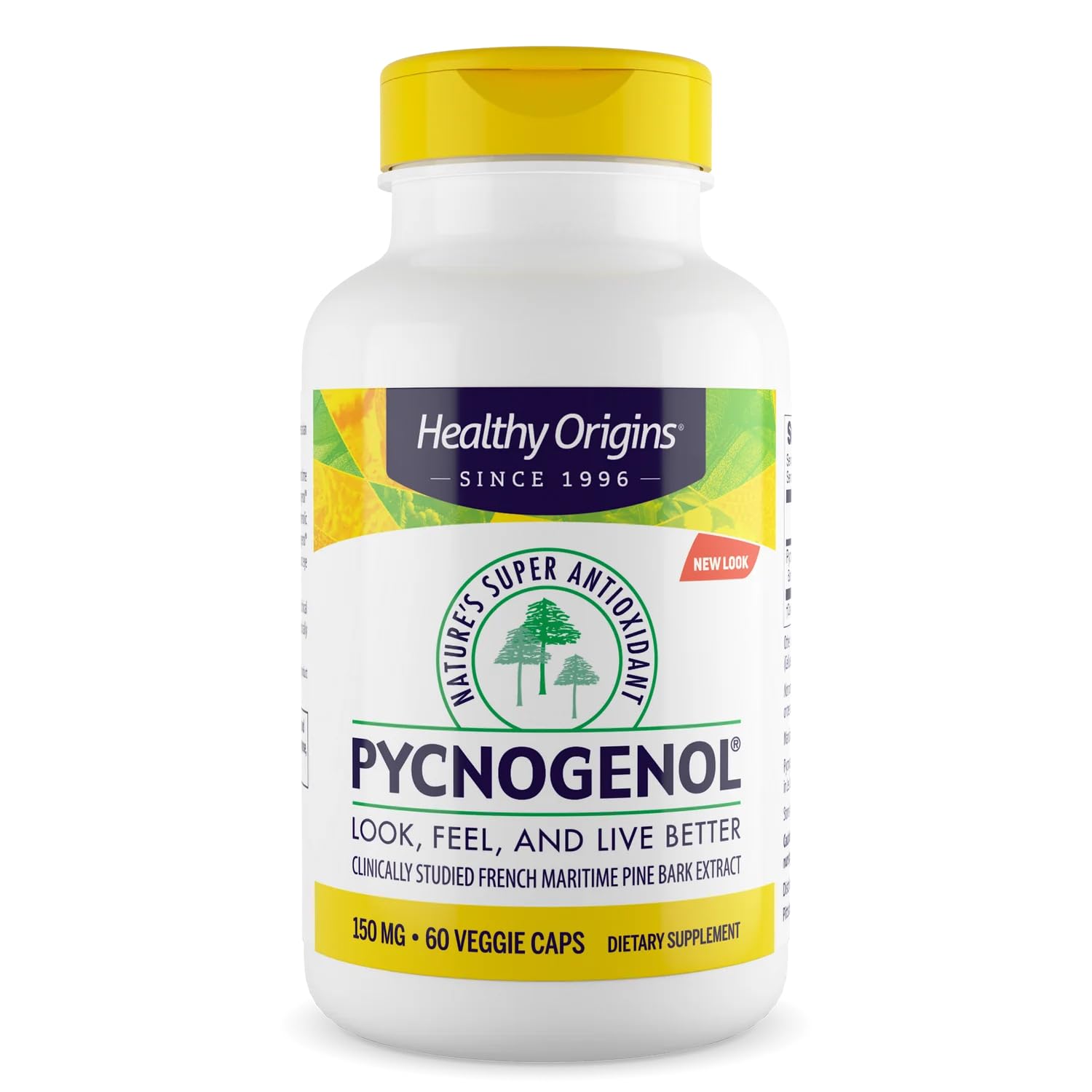 Healthy Origins Pycnogenol 150 mg cápsulas vegetales, antioxidantes naturales para uso diario.