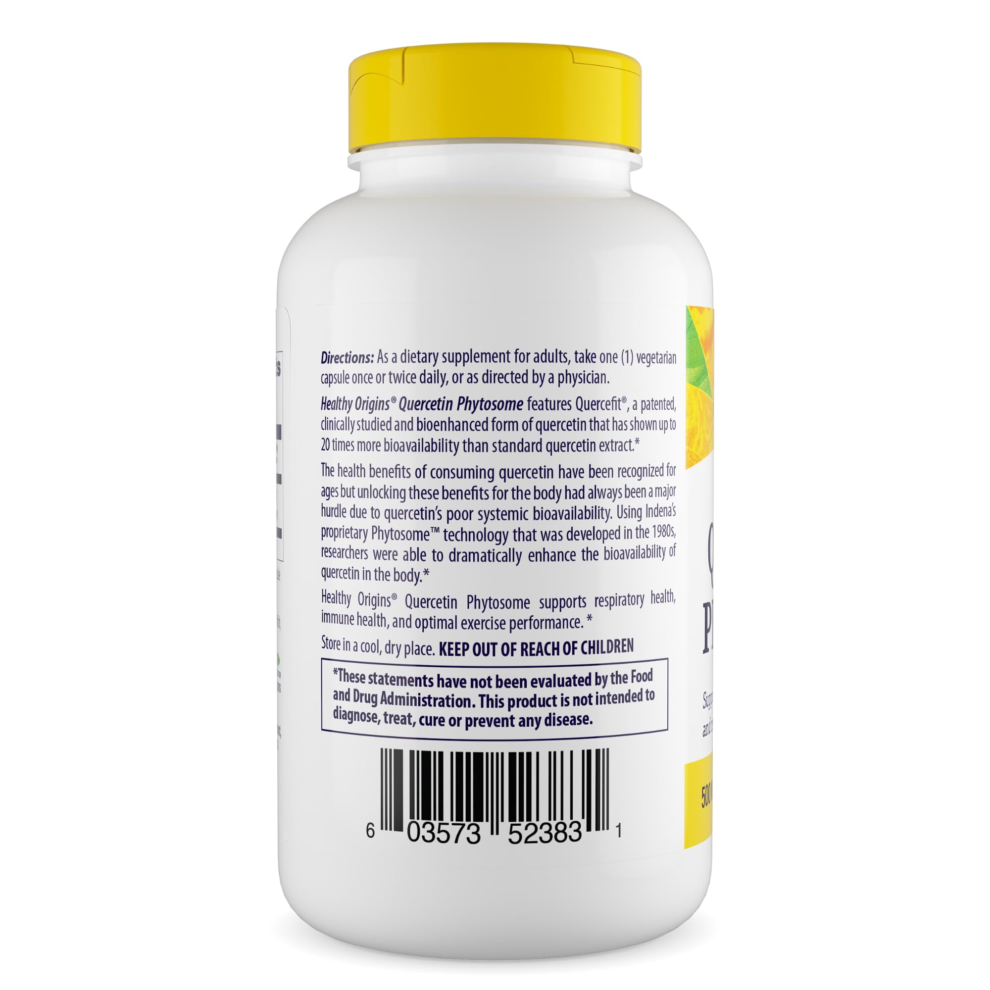 Healthy Origins quercetina fitozómica, cápsulas vegetales visibles dentro de la botella.