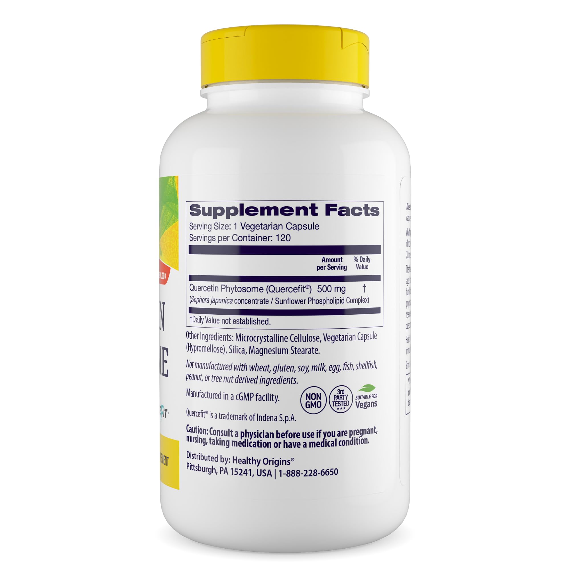 Healthy Origins quercetina fitozómica, tecnología fitozómica en etiqueta para mayor absorción.
