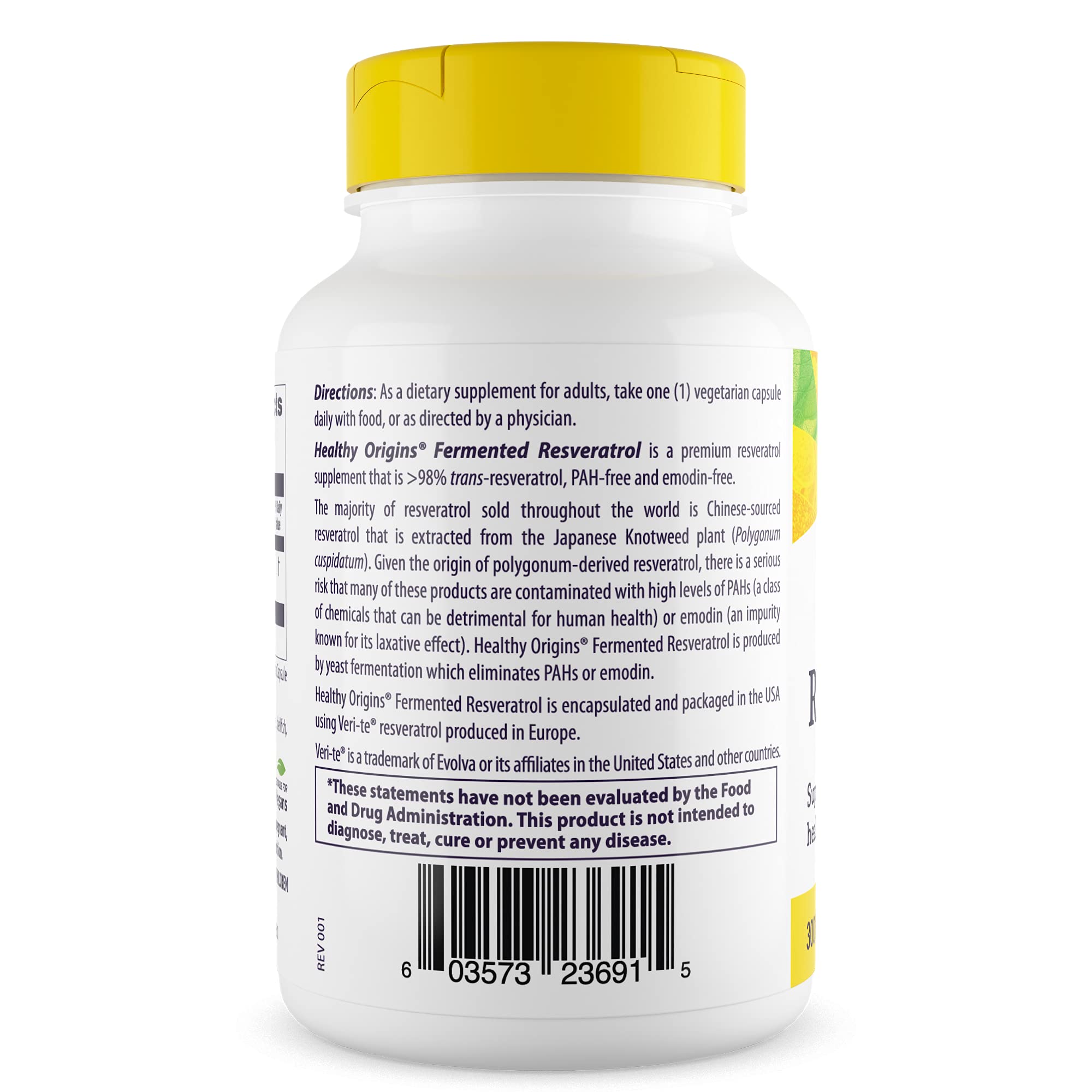 Healthy Origins Resveratrol Fermentado, etiqueta clara que sugiere calidad y pureza.