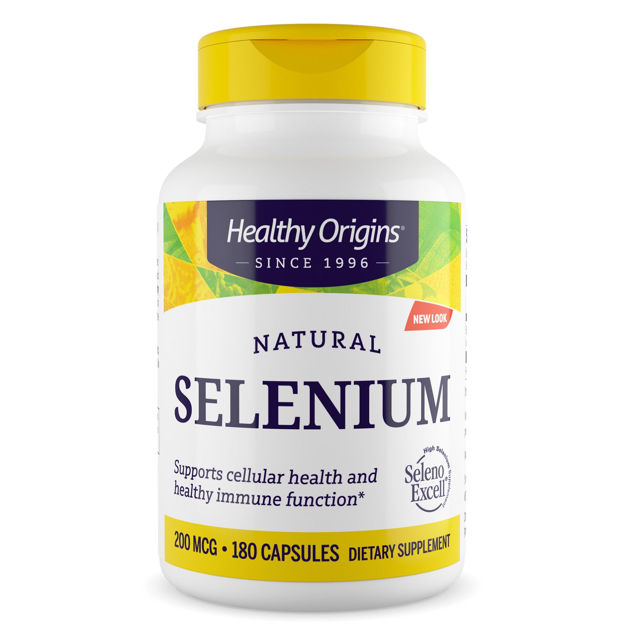 Healthy Origins SelenoExcell botella con texto claro sobre salud celular y defensa inmune.
