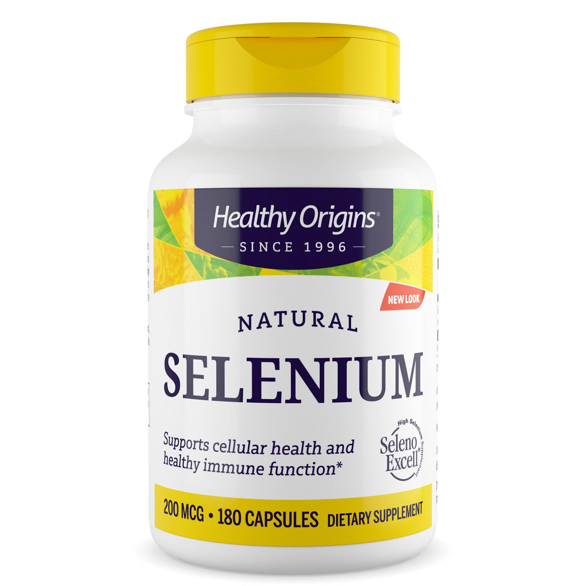 Healthy Origins SelenoExcell botella con texto claro sobre salud celular y defensa inmune.