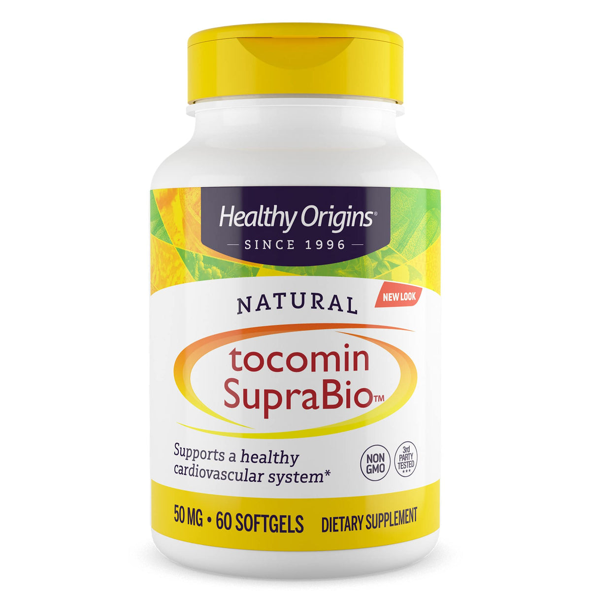 Healthy Origins Tocomin SupraBio, frasco con cápsulas blandas, posible apoyo a la salud cardiovascular.
