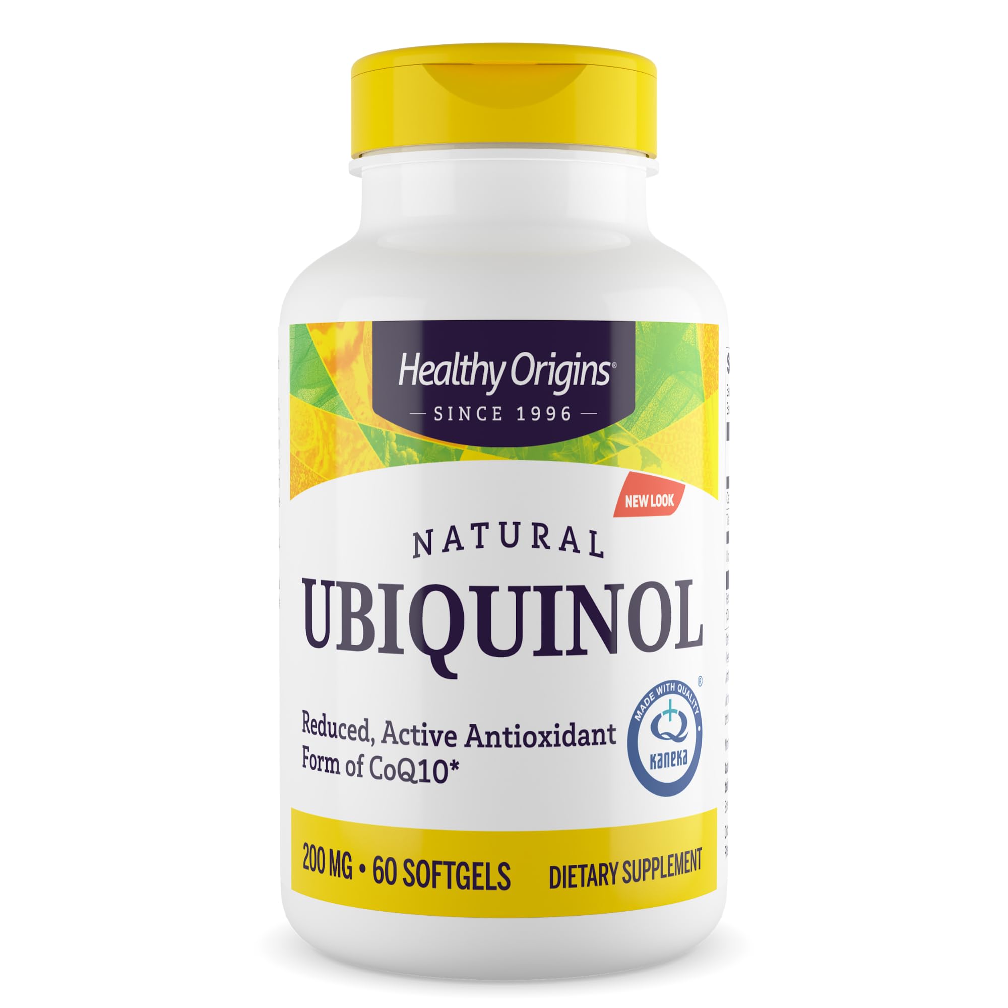 Healthy Origins ubiquinol 200 mg: botella con cápsulas blandas para energía celular