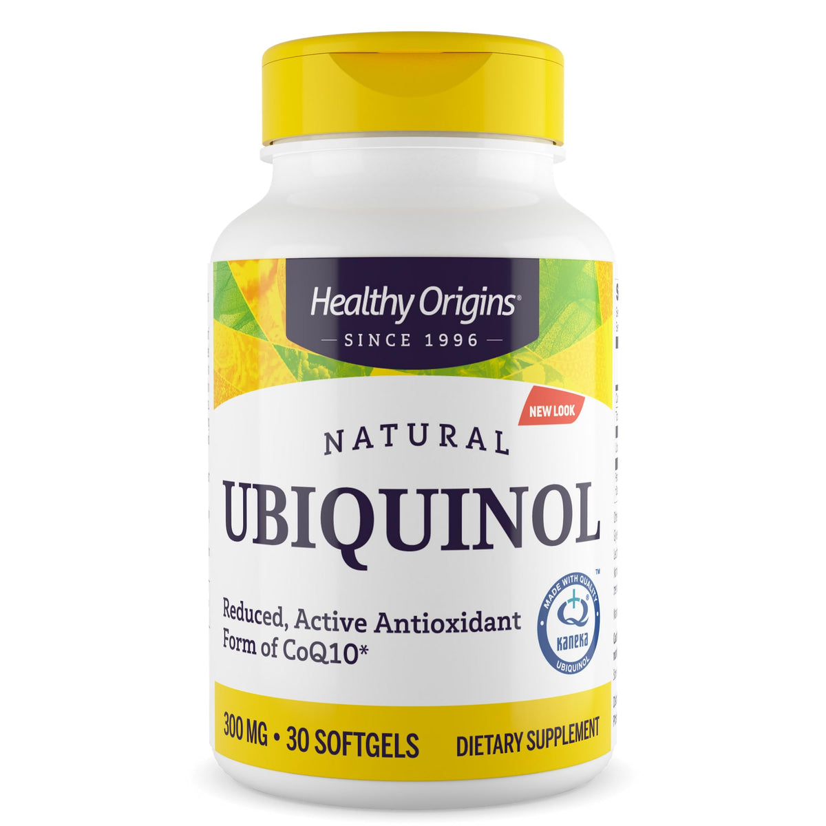 Healthy Origins Ubiquinol 300 mg, botella con cápsulas, apoyo para energía celular.