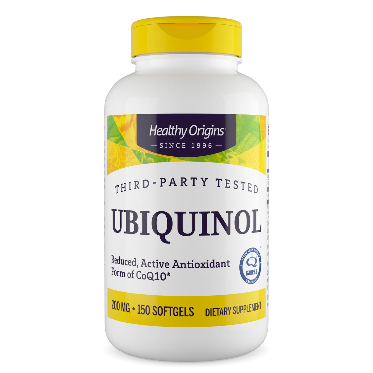 Healthy Origins Ubiquinol: botella de 200 mg para apoyo diario del corazón.