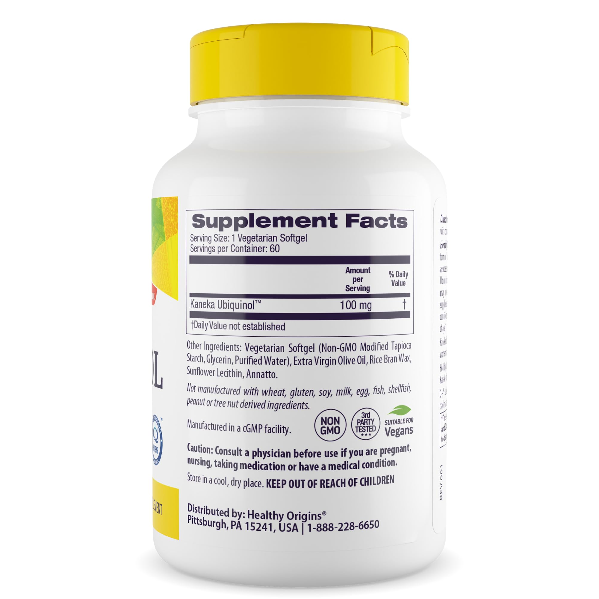Botella de Healthy Origins ubiquinol con etiqueta clara y legible