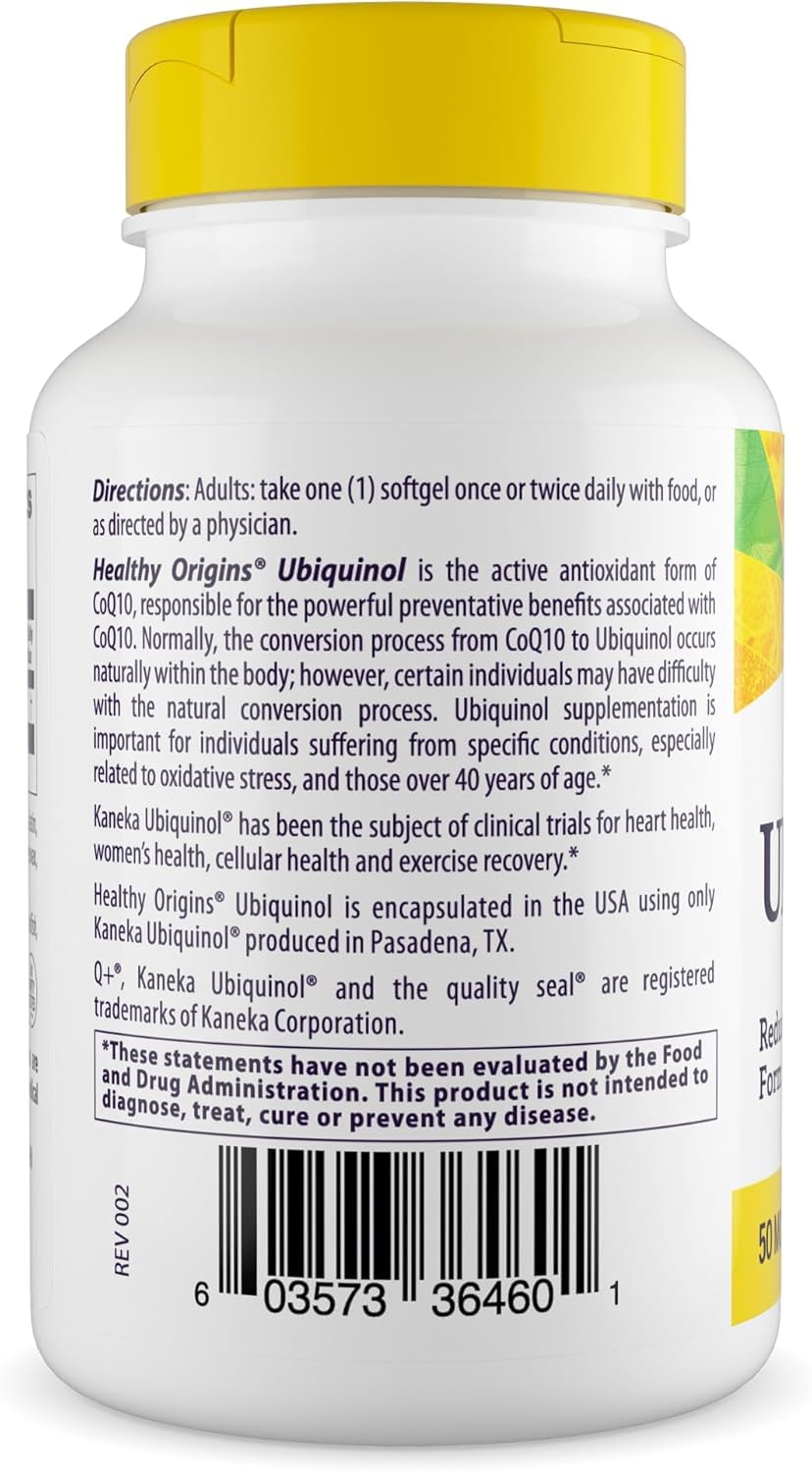 Healthy Origins Ubiquinol tapa: cierre seguro para conservar la potencia.