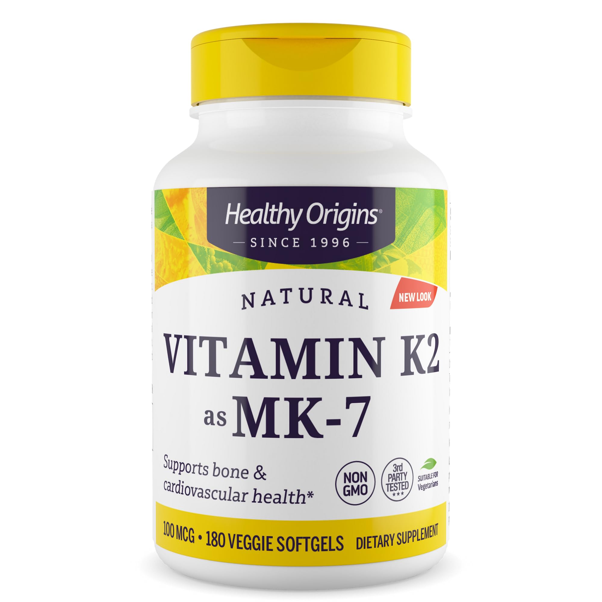 Vitamina K2 MK-7 de Healthy Origins, envase para apoyo óseo y cardiovascular.