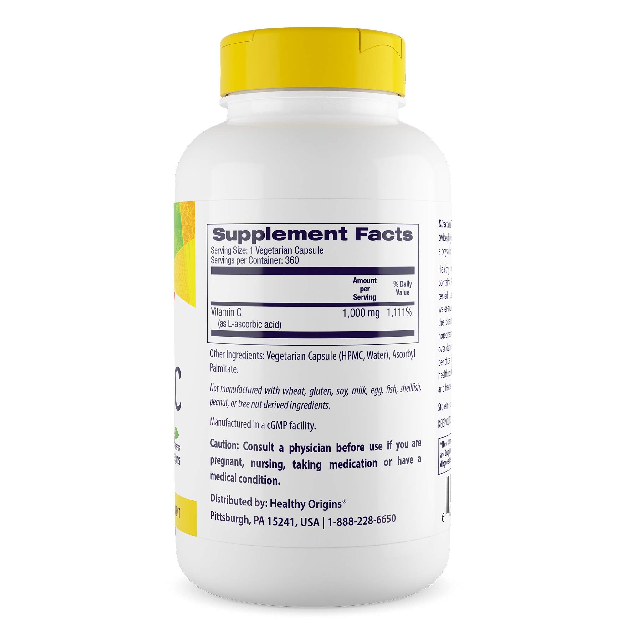 Healthy Origins Vitamina C 1000 mg en etiqueta, información clara y sin OGM.