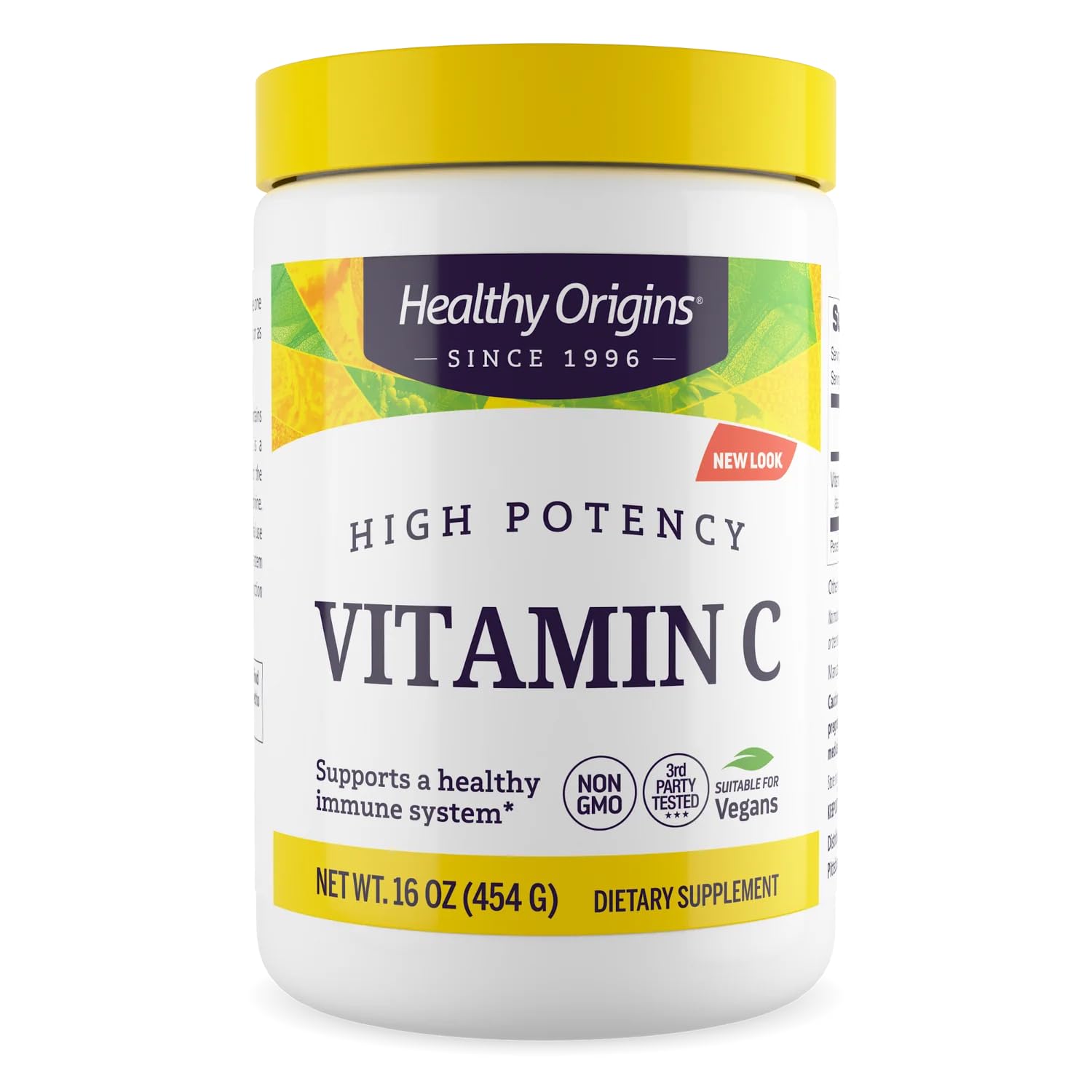 Healthy Origins Vitamina C en polvo en el bote frontal, enfocado en la potencia de 1000 mg