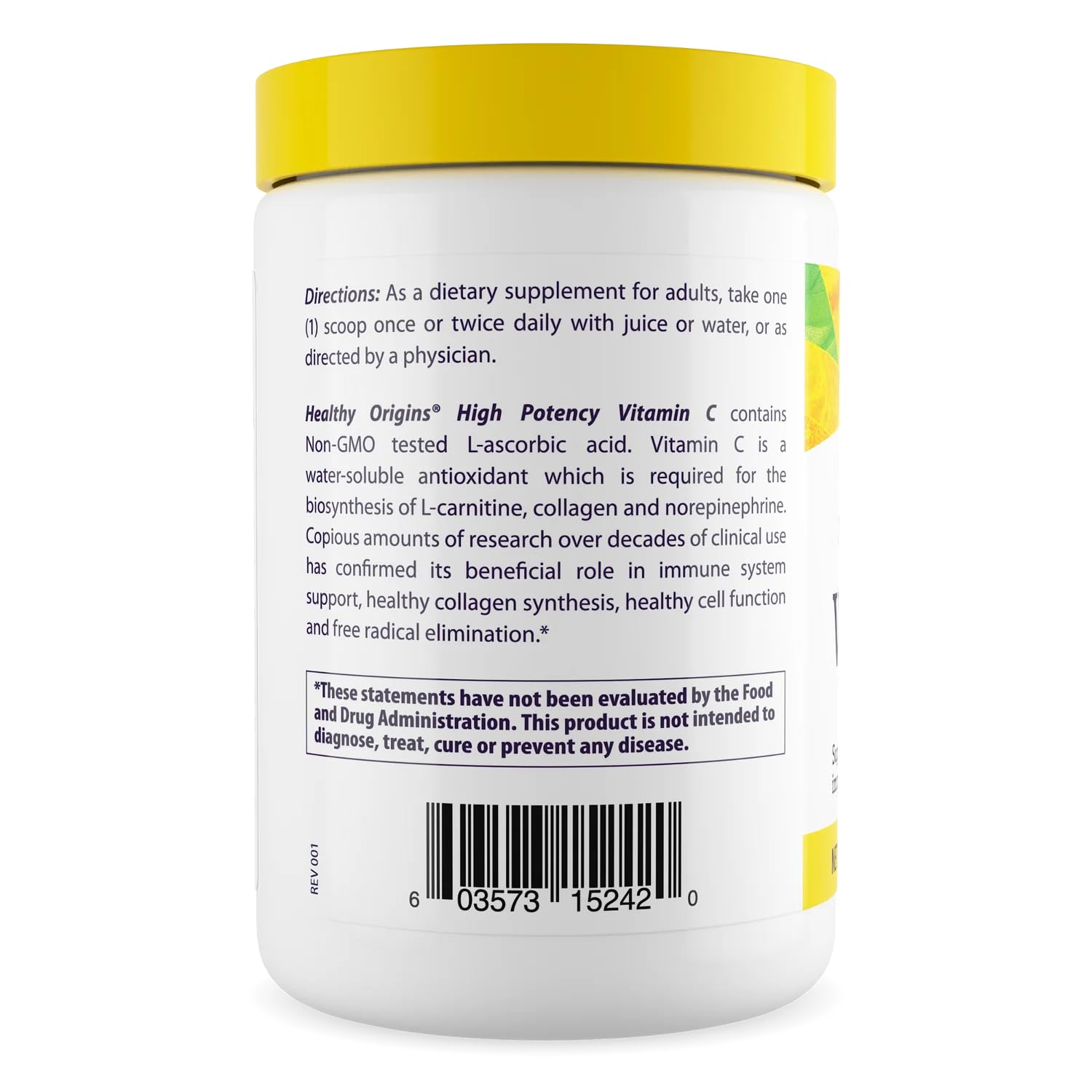 Etiqueta nutricional clara de Healthy Origins Vitamina C en polvo para referencia