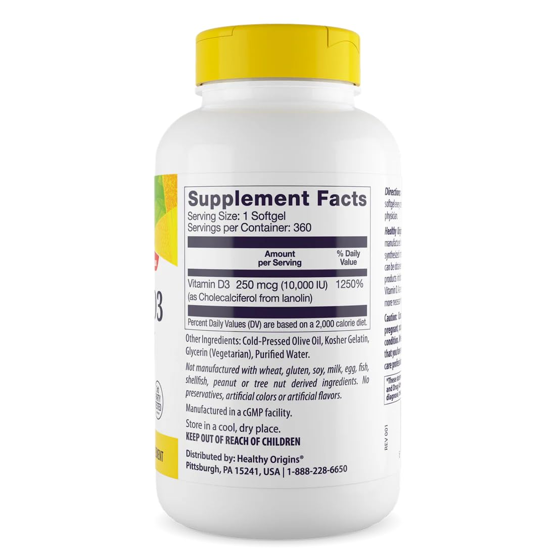 Healthy Origins Vitamina D3 10000 UI: base de aceite de oliva para absorción óptima.