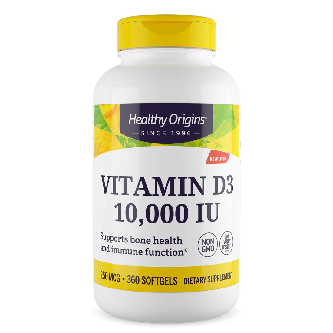 Healthy Origins Vitamina D3 10000 UI: botella con cápsulas blandas para soporte óseo.