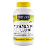 Healthy Origins Vitamina D3 10000 UI: botella con cápsulas blandas para soporte óseo.