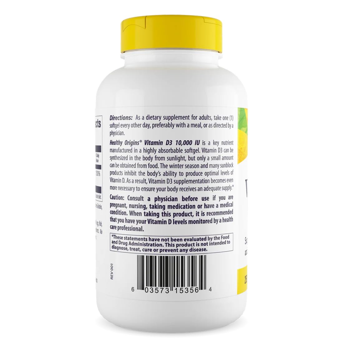 Healthy Origins Vitamina D3 10000 UI: etiqueta clara para consumo diario y apoyo óseo.
