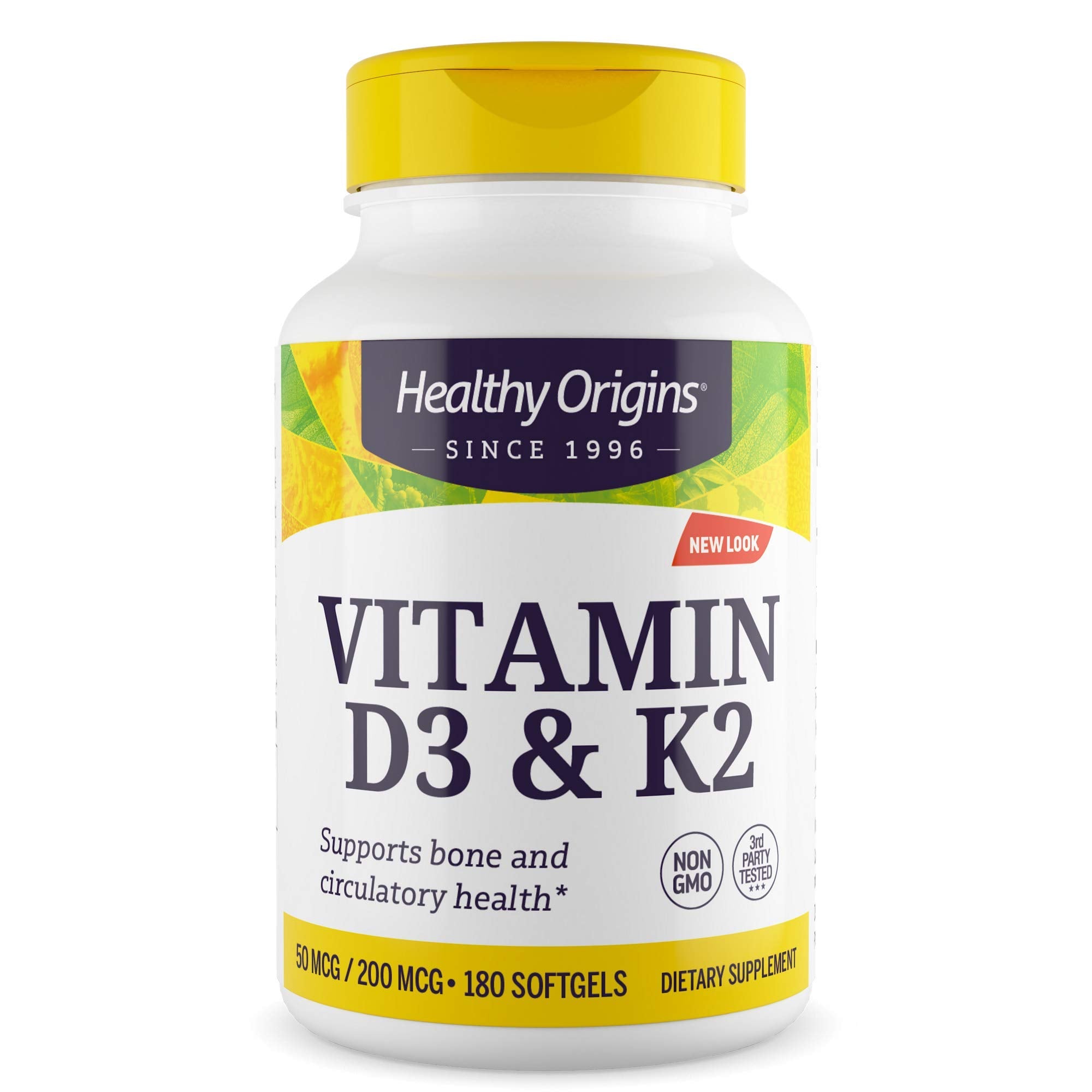 Healthy Origins Vitamina D3 K2 softgel, botella frontal para soporte óseo.