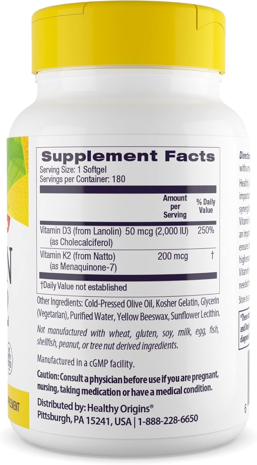 Healthy Origins Vitamina D3 K2 softgel, botella lateral para visualización.