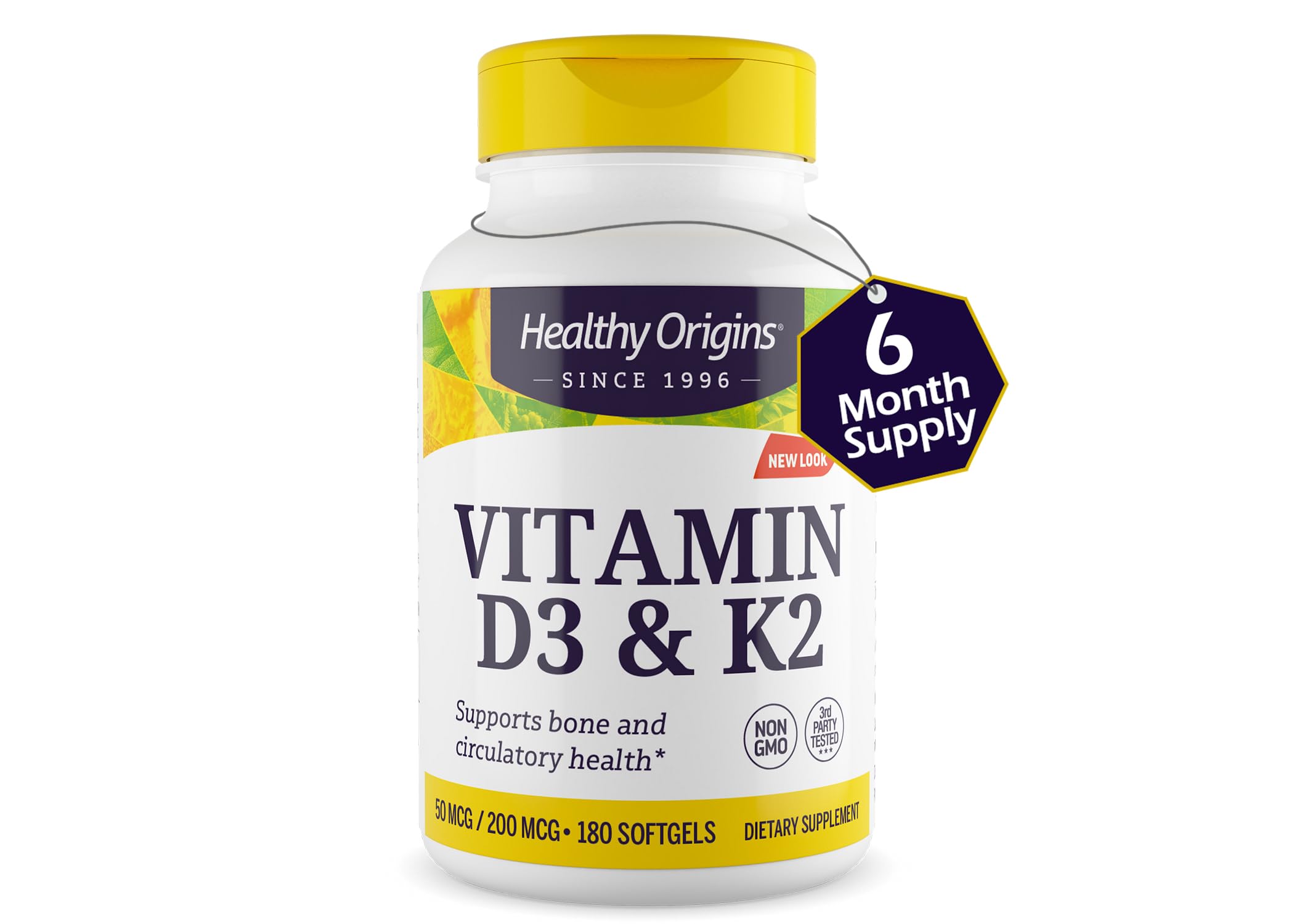 Healthy Origins Vitamina D3 K2 softgel, cápsulas visibles en frasco.