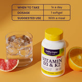 Healthy Origins Vitamina D3 K2 softgel, dosis diaria en envase.