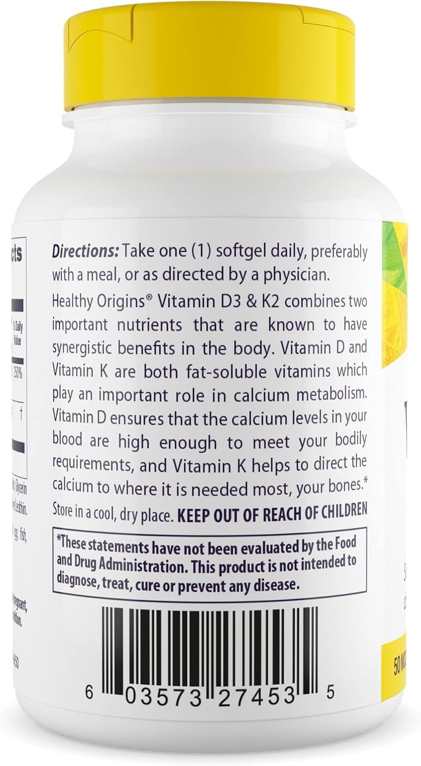 Healthy Origins Vitamina D3 K2 softgel, etiqueta frontal con dosis diaria.
