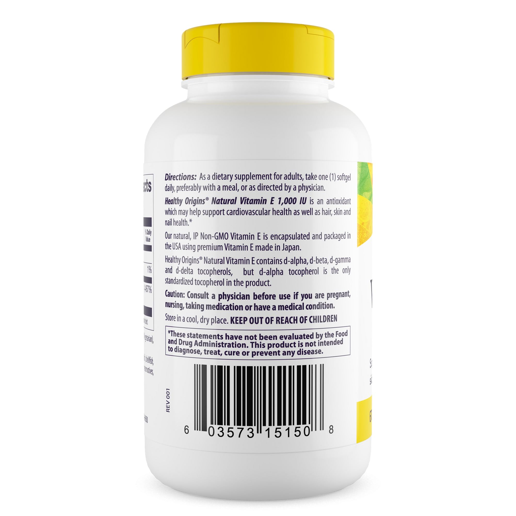 Healthy Origins Vitamina E 1000 UI, etiqueta legible, información clara para compra consciente