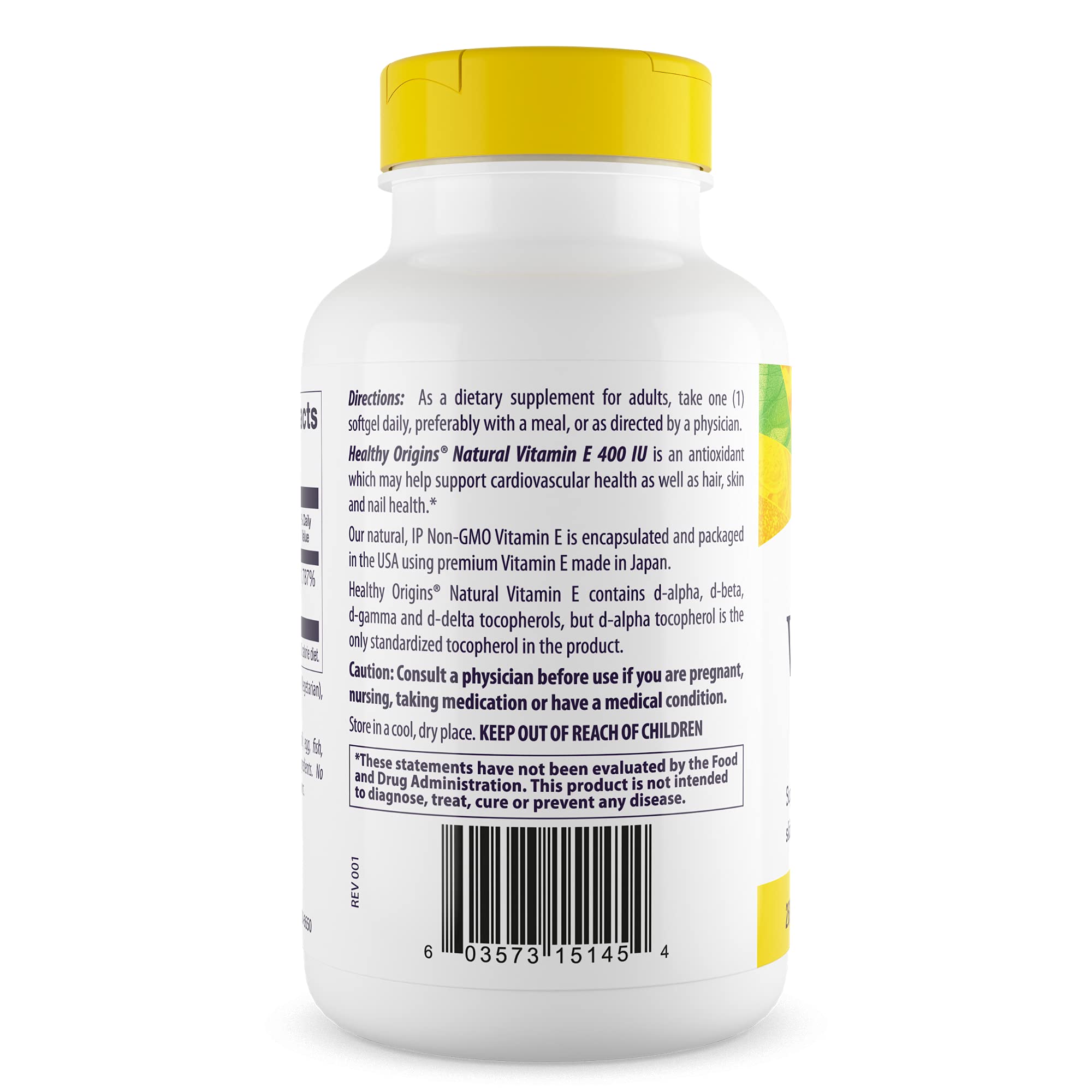 Healthy Origins Vitamina E 400 UI botella frontal, cápsulas suaves para uso diario.