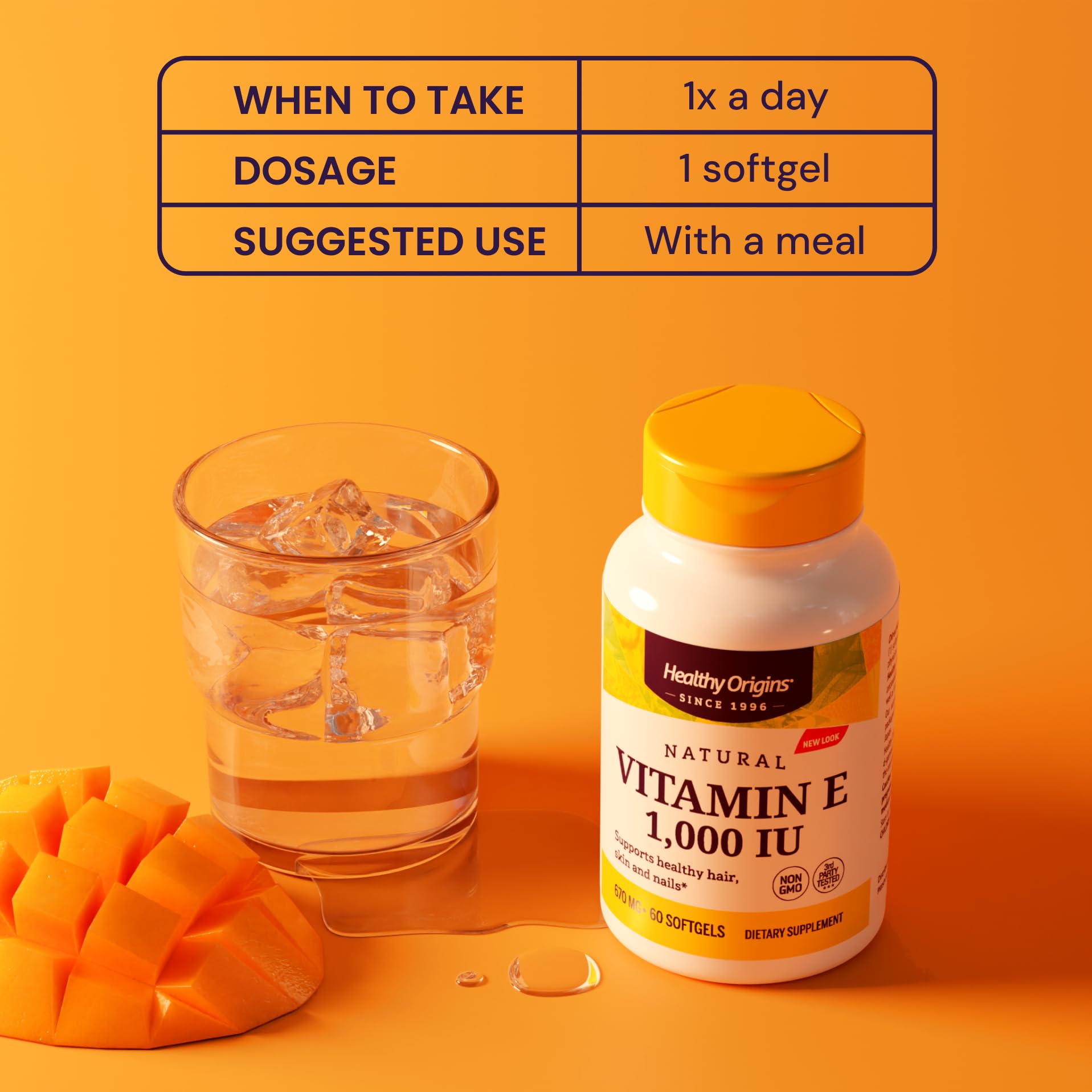 Healthy Origins Vitamina E, etiqueta-datos: apoyo a un cuidado diario de la piel.