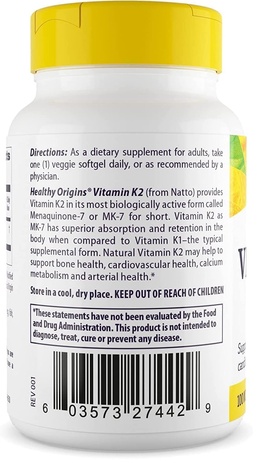 Healthy Origins Vitamina K2 100 mcg MK-7 cápsulas suaves, fáciles de tragar