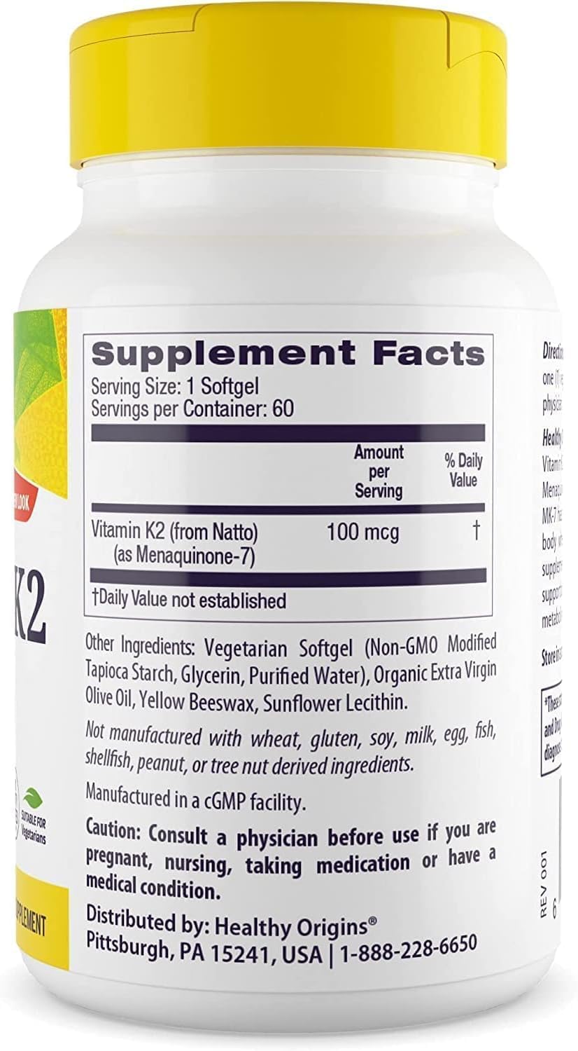 Healthy Origins Vitamina K2 100 mcg MK-7 etiqueta con información de ingredientes