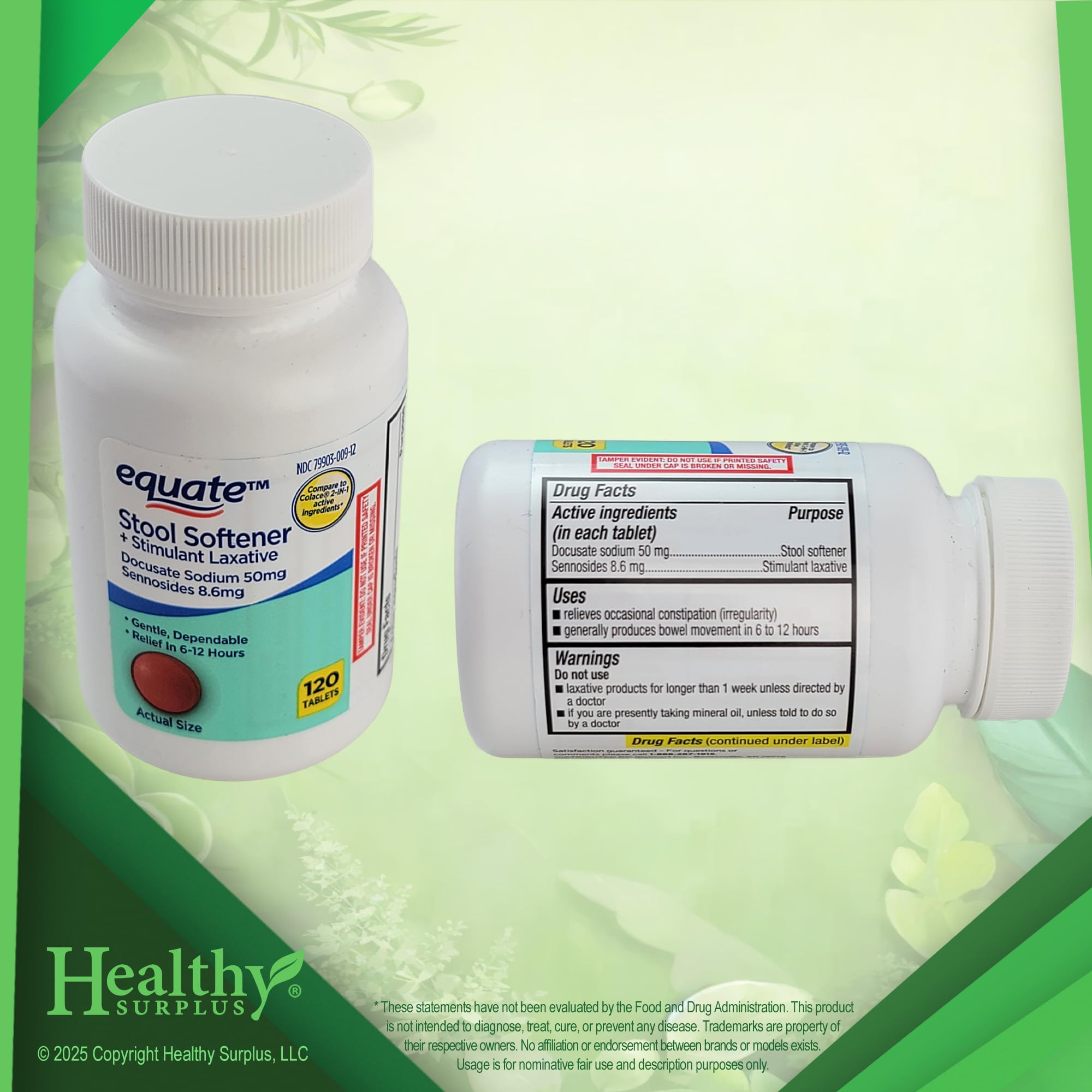 Healthy Surplus Equate ablandador de heces en caja, práctico y fácil de almacenar.