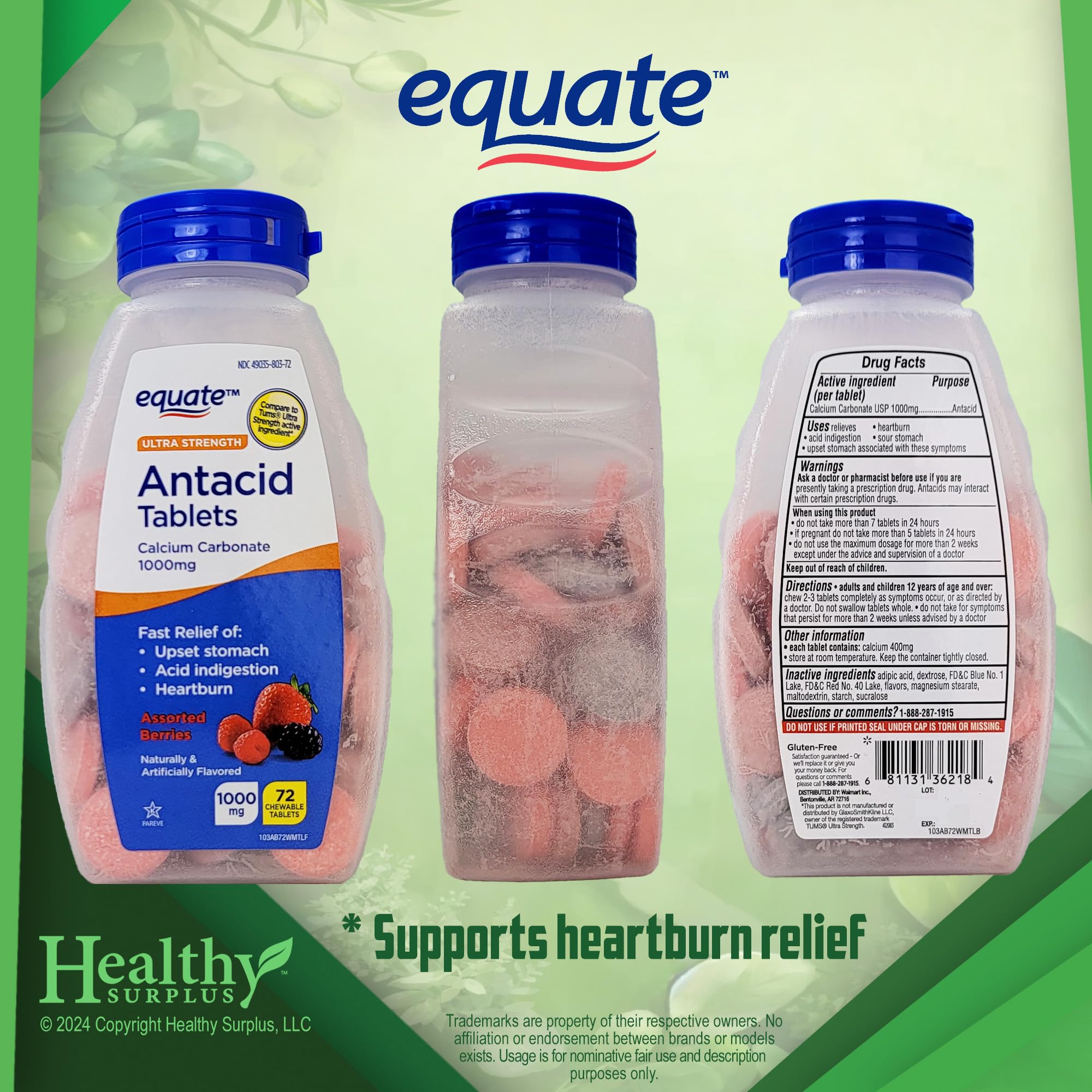 Acercamiento a tabletas masticables de Healthy Surplus, formato práctico para llevar.
