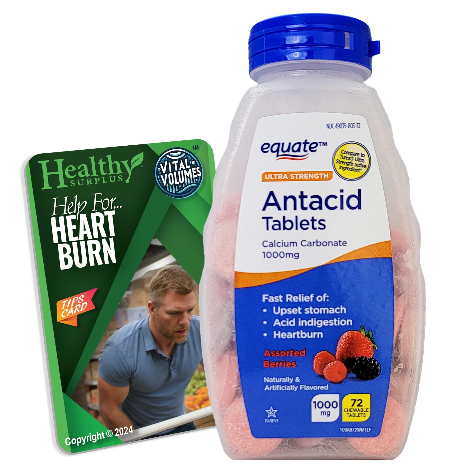 Healthy Surplus antiácidos 1000 mg, tabletas sabor bayas, alivio suave para molestias ocasionales.