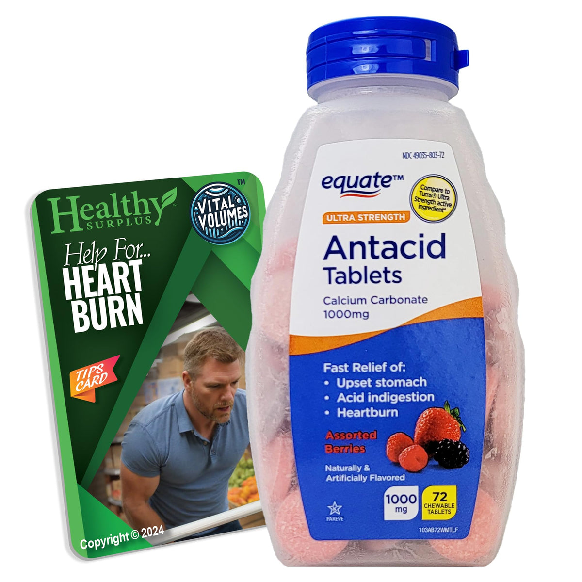 Healthy Surplus antiácidos 1000 mg, tabletas sabor bayas, alivio suave para molestias ocasionales.