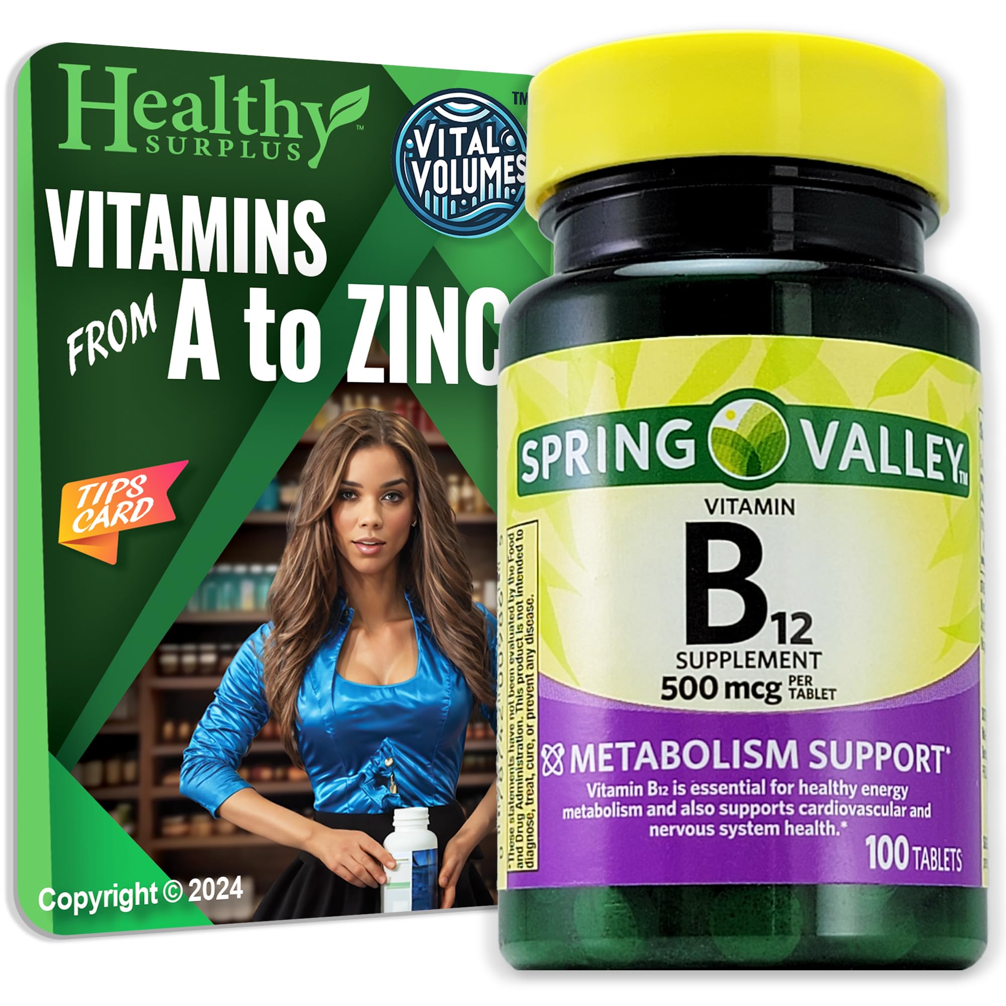 Healthy Surplus B12 tabletas 500 mcg, 100 unidades, uso diario.